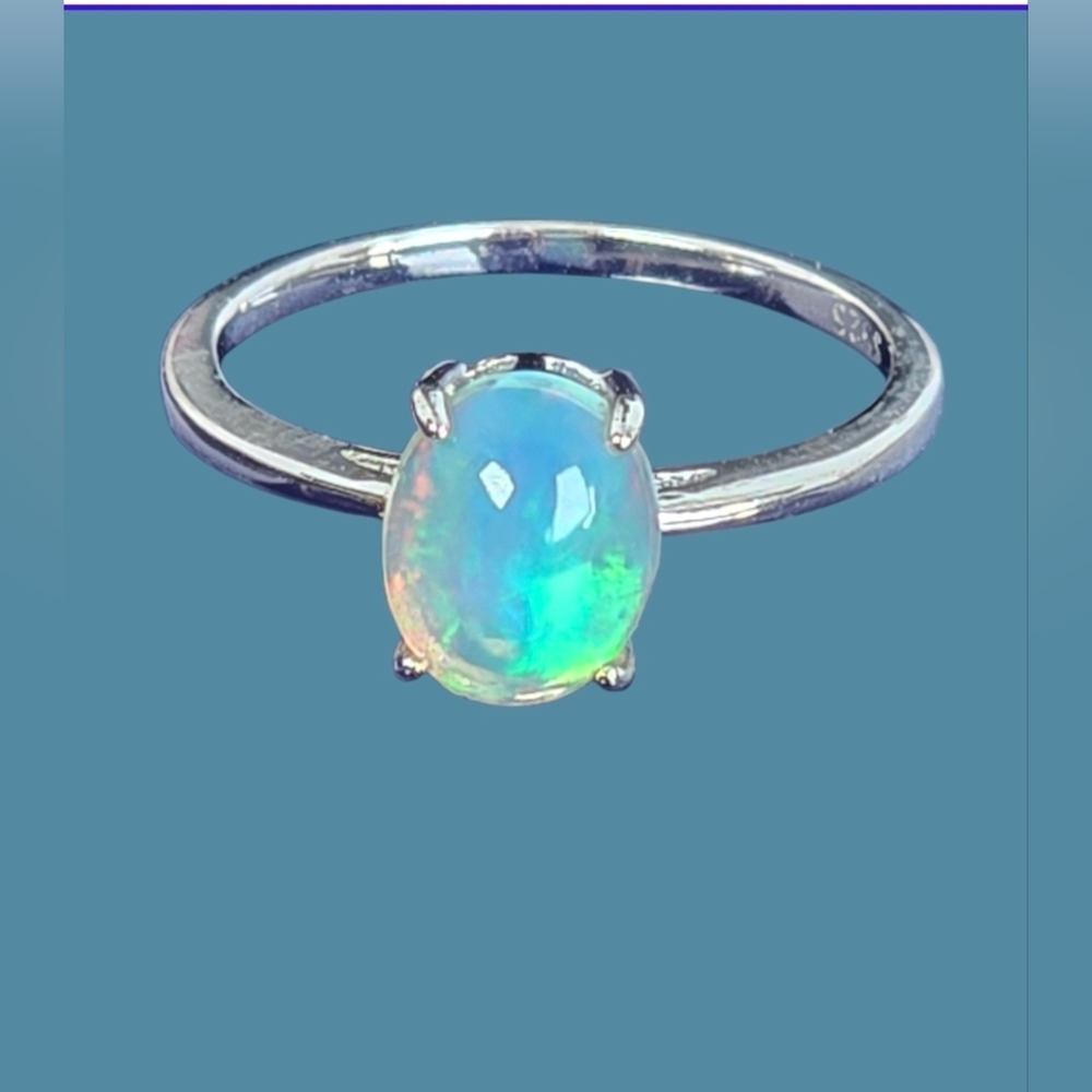 925 Sterling Silver Ring with Natural White Opal 7x9mm